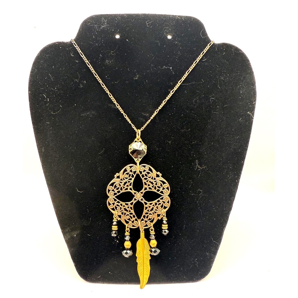 Gemelli Antique Brass Filigree Dreamcatcher Necklace Black Crystal Feather Boho